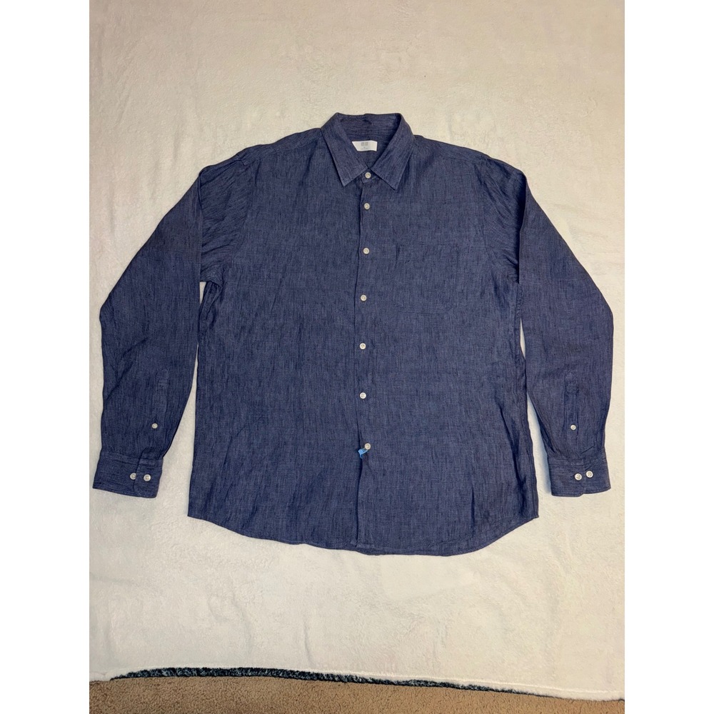 Uniqlo Mens XL Premium Linen Long Sleeve Button Down Shirt Blue 331-404406